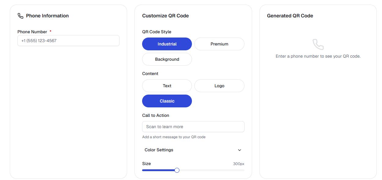 Captura de pantalla de la herramienta de QR estático de teléfono de QREasy, con el formulario vacío antes de introducir un número de teléfono.